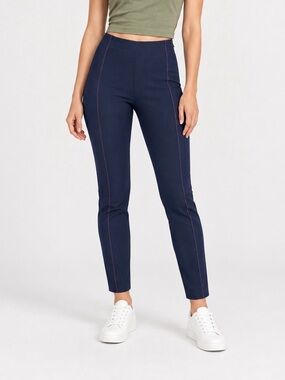 JOSEPH Navy High-Rise Slim Stretch Trousers with Red Contrast Stitching, Size 36